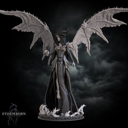 Statue of a winged figure with dark clothing and skull details against a dark background, featuring the brand 'Stormborn'.
