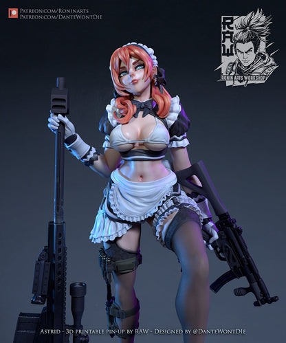 Astrid - Sexy Maid with Sniper Rifle | Assassin | 75mm / 120mm | 3 Variants| Resin 3D Printed Pinup | Ronin Arts Workshop