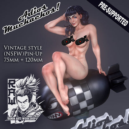 Vintage Pinup on Bomb - Adios Muchachos | Clothed or Nude | Resin 3D Printed Pinup | Ronin Arts Workshop