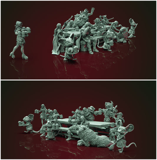 Tavern Scene with Serving Wench | Multiple Scales | Resin 3D Printed Miniature | Ronin Arts Workshop