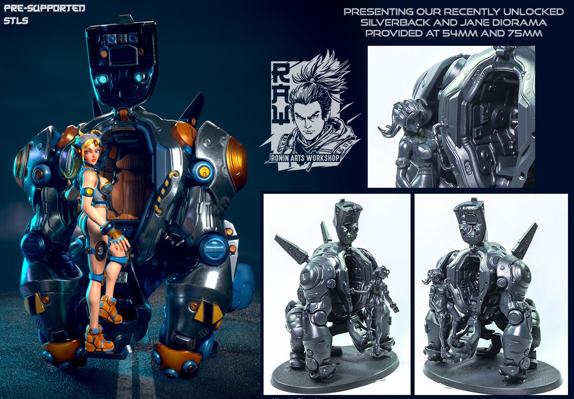 Cyberpunk Girl with Mech | Silverback and Jane | 32mm, 54mm, 75mm Scale | Resin 3D Printed Miniature | Ronin Arts Workshop