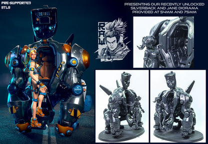 Cyberpunk Girl with Mech | Silverback and Jane | 32mm, 54mm, 75mm Scale | Resin 3D Printed Miniature | Ronin Arts Workshop