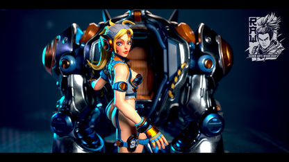 Cyberpunk Girl with Mech | Silverback and Jane | 32mm, 54mm, 75mm Scale | Resin 3D Printed Miniature | Ronin Arts Workshop