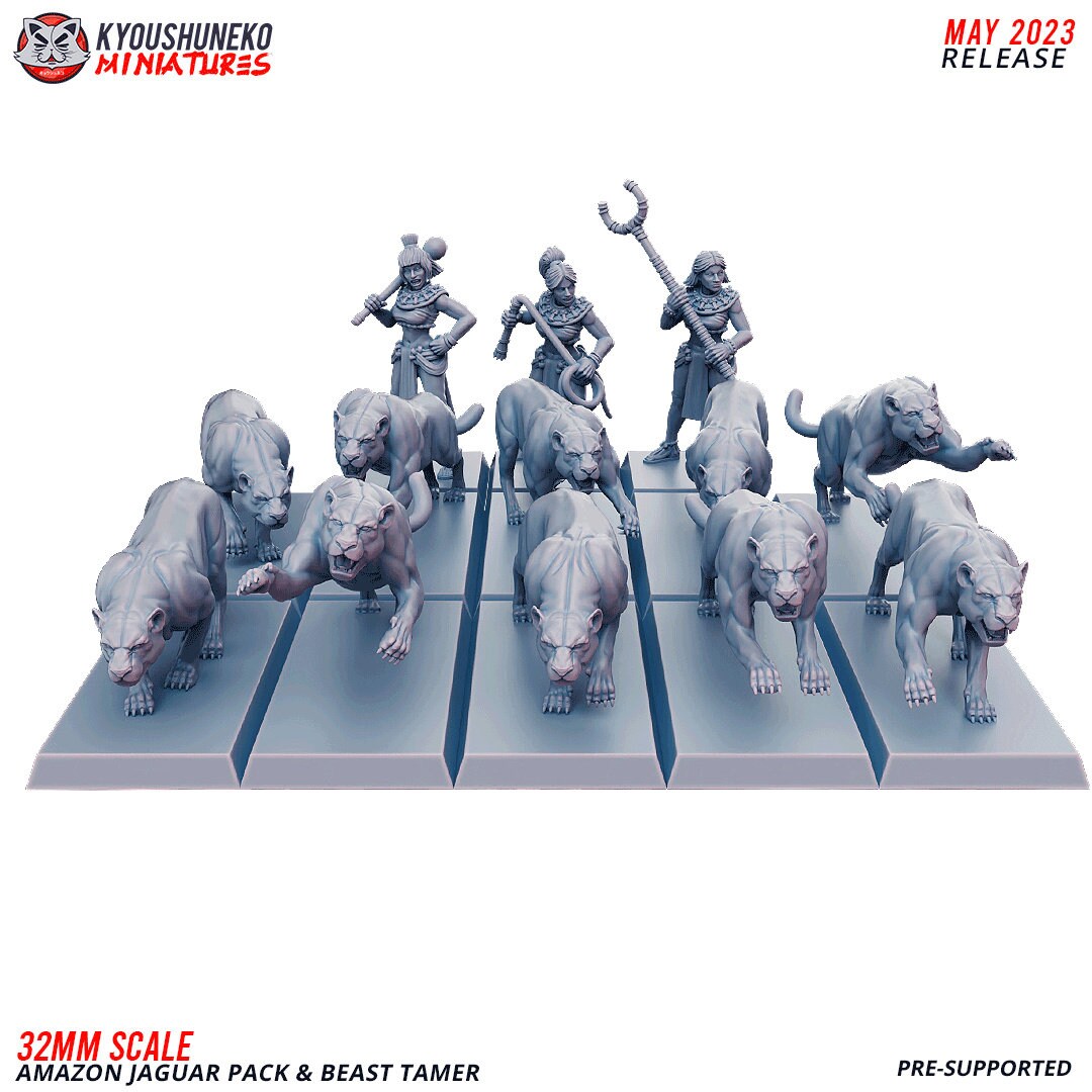 Amazon Jaguar Hunting Pack with Tamers | Resin 3D Printed Miniatures | Kyoushuneko | Table Top Gaming | RPG | D&D | Pathfinder