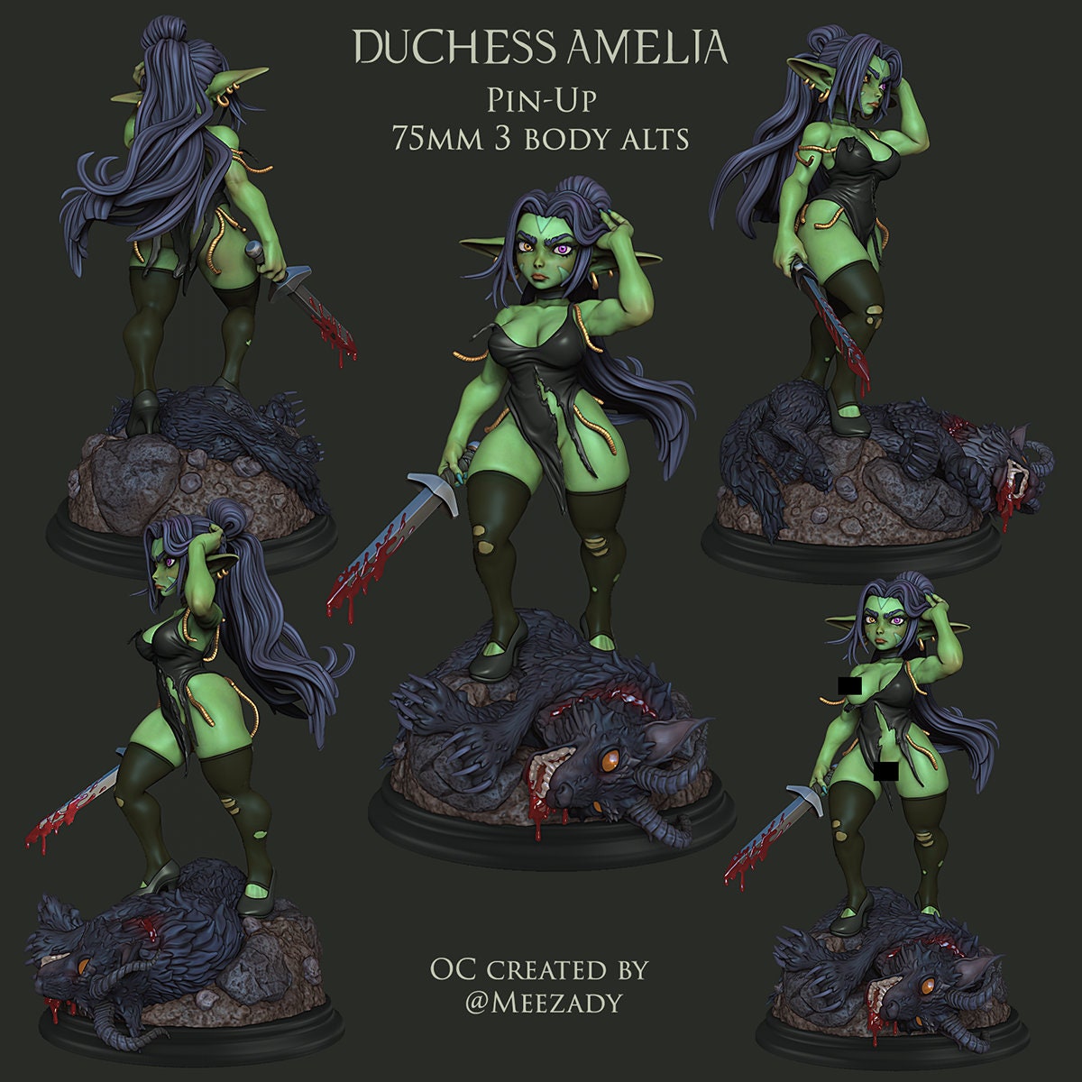 Goblin Warrior Pinup (Amelia) | Nude or Clothed | 75/120mm Scale | Resin 3D Printed Miniature | Ronin Arts Workshop