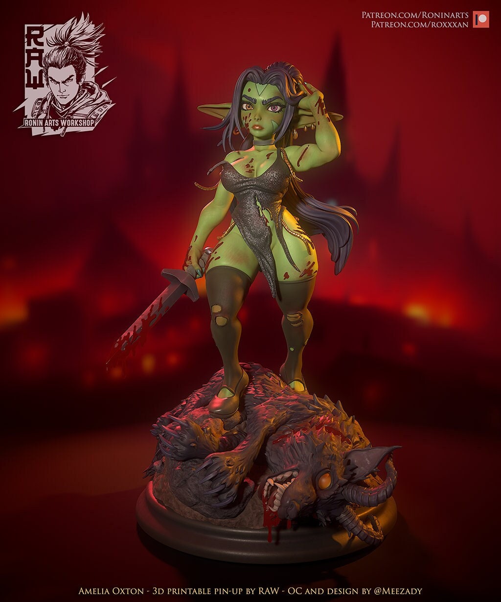 Goblin Warrior Pinup (Amelia) | Nude or Clothed | 75/120mm Scale | Resin 3D Printed Miniature | Ronin Arts Workshop