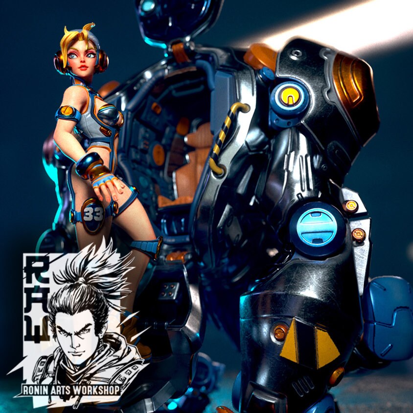 Cyberpunk Girl with Mech | Silverback and Jane | 32mm, 54mm, 75mm Scale | Resin 3D Printed Miniature | Ronin Arts Workshop