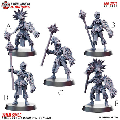 Amazon Eagle Warriors with Sun Staff | Resin 3D Printed Miniatures | Kyoushuneko | Table Top Gaming | RPG | D&D | Pathfinder