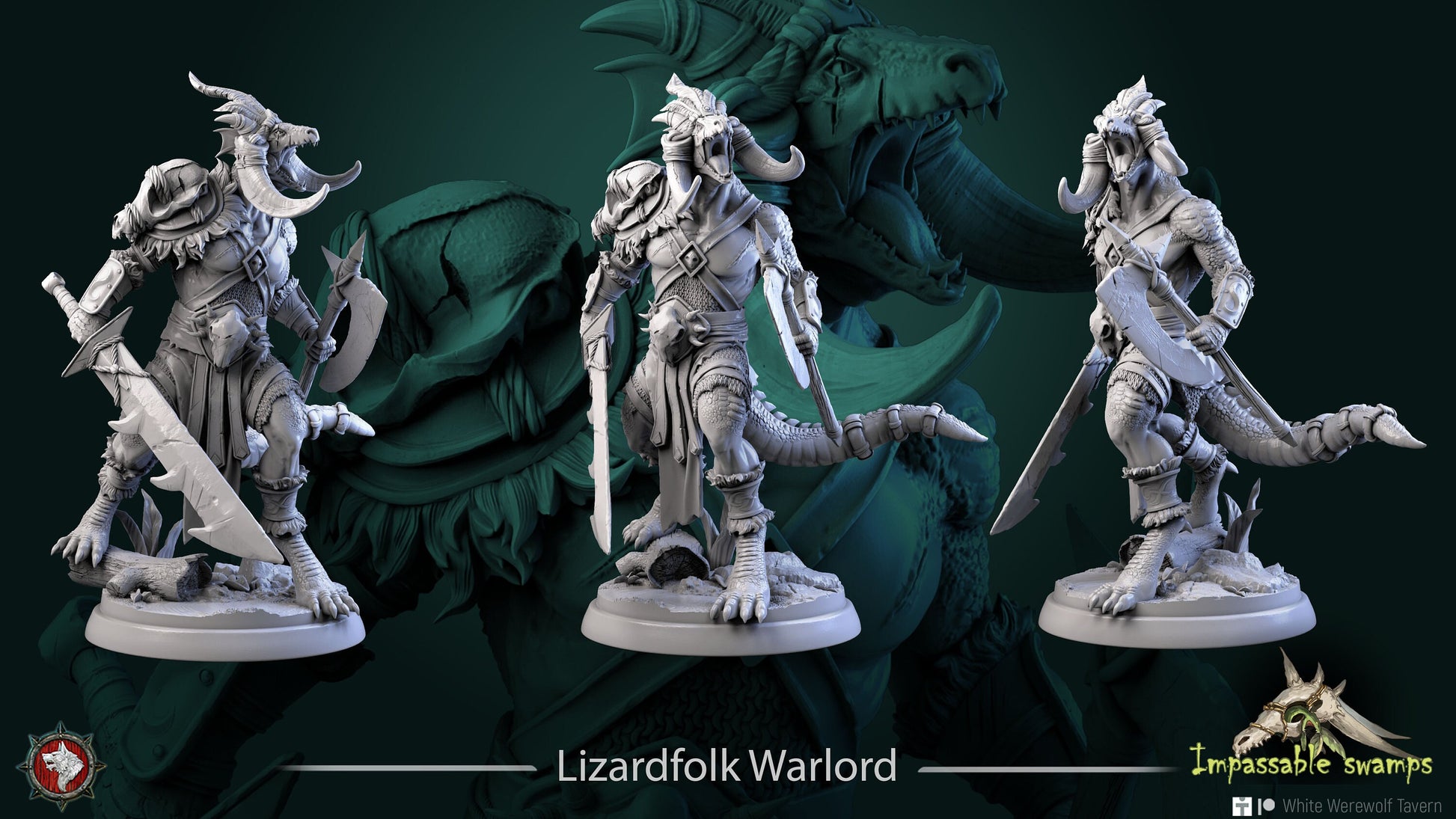 Lizardfolk Warlord | Impassable Swamps | Multiple Scales | Resin 3D Printed Miniature | White Werewolf Tavern