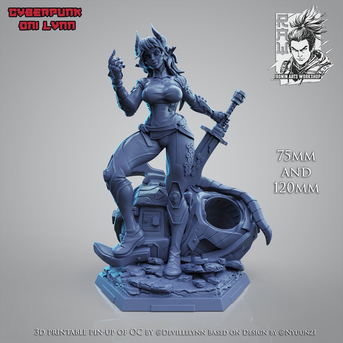 Cyberpunk Oni - Lynn | Pen Holder | Clothed or Nude | Resin 3D Printed Pinup | Ronin Arts Workshop