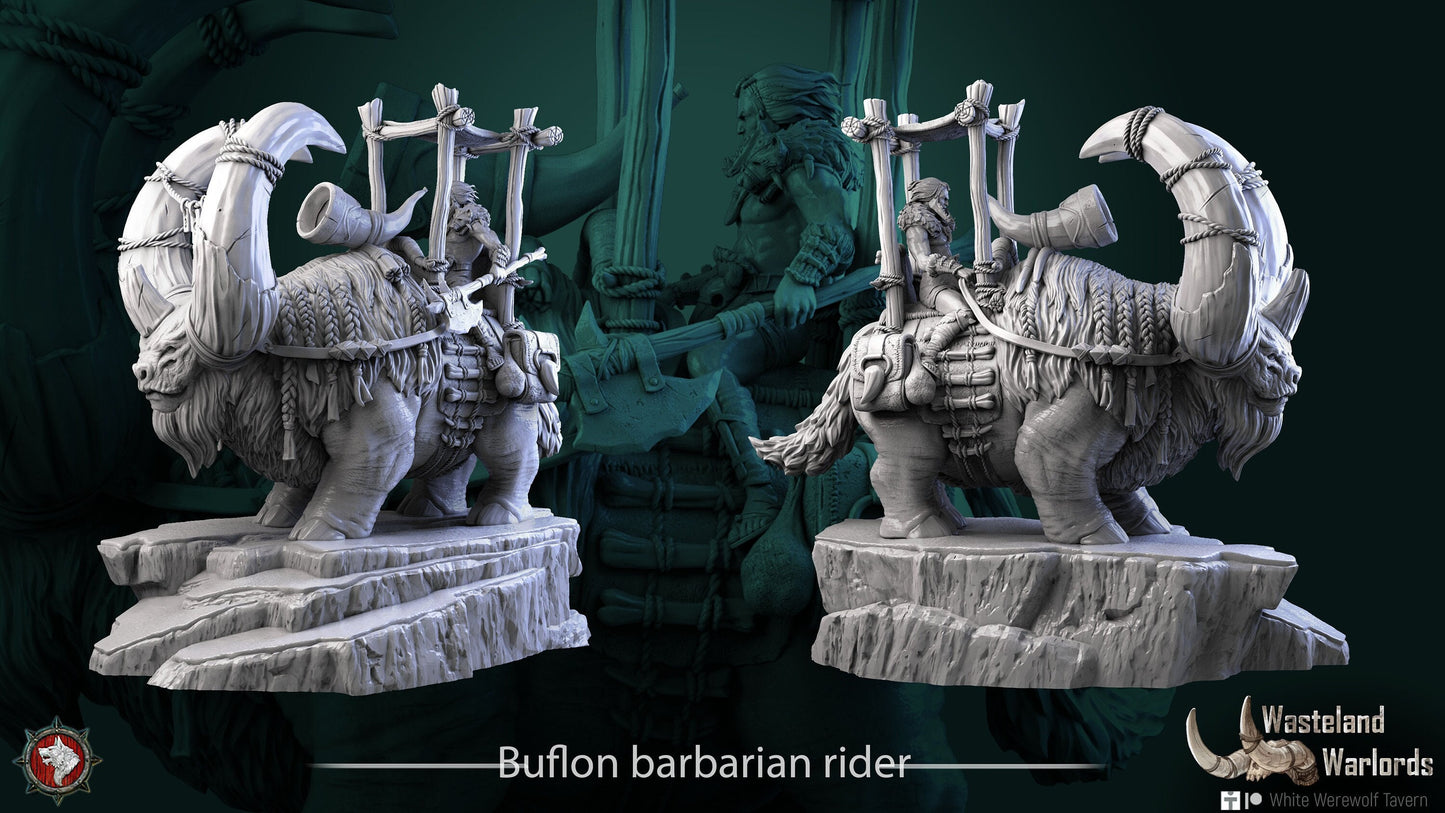 Buflon Barbarian Mount + Rider | Wasteland Warlords | Resin 3D Printed Miniature | White Werewolf Tavern | RPG | D&D | DnD