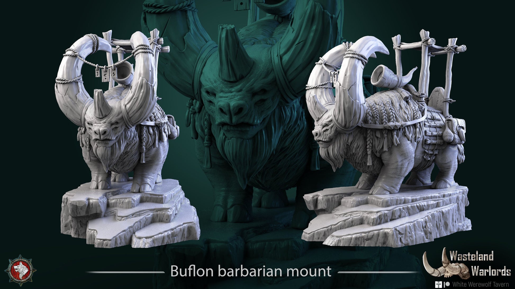 Buflon Barbarian Mount + Rider | Wasteland Warlords | Resin 3D Printed Miniature | White Werewolf Tavern | RPG | D&D | DnD