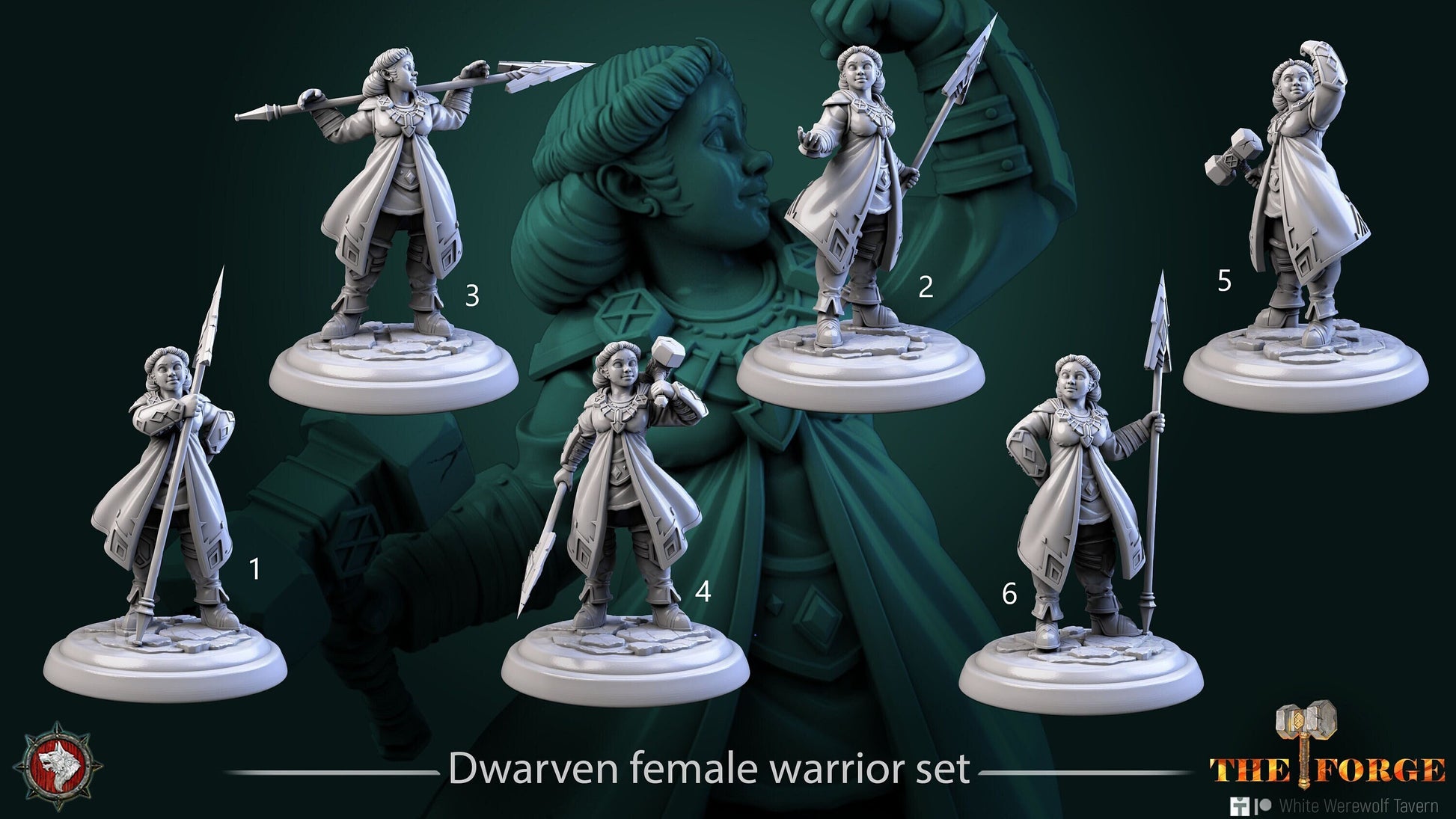 Dwarven Female Warrior Set | The Forge | Resin 3D Printed Miniature | White Werewolf Tavern | RPG | D&D | DnD