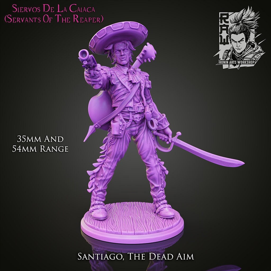 Santiago, the Dead Aim | Servants of the Reaper | 28-120mm Scale | Resin 3D Printed Miniature | Ronin Arts Workshop | Guild Wars