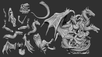 Vasilisa the Beutiful with Three Head Dragon | Secrets of Silverwood | Multiple Scales | Resin 3D Printed Miniature | White Werewolf Tavern