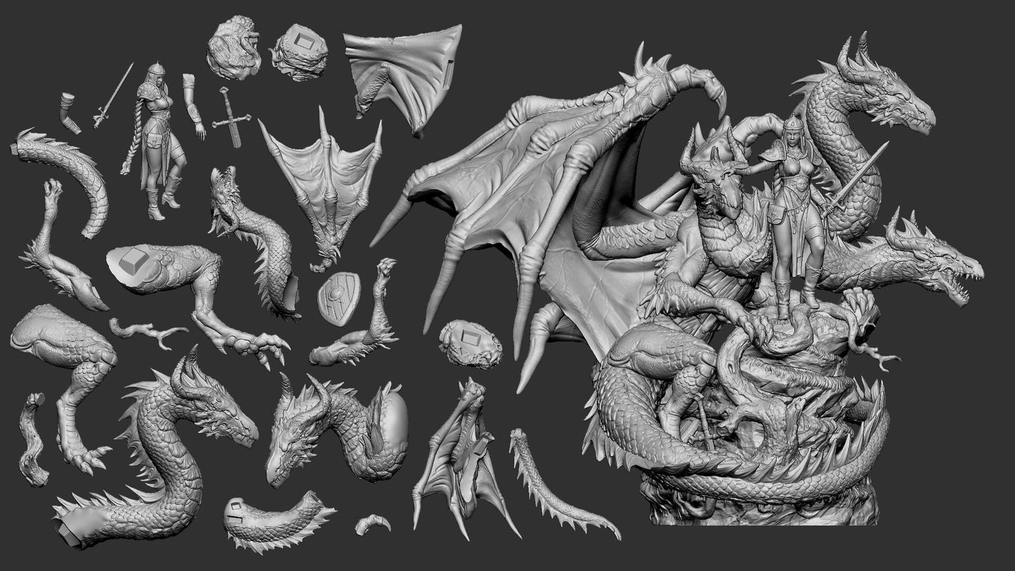 Vasilisa the Beutiful with Three Head Dragon | Secrets of Silverwood | Multiple Scales | Resin 3D Printed Miniature | White Werewolf Tavern